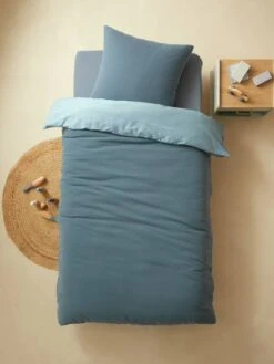 Magasin De Literie Pour Enfants 22 Parure Enfant Bicolore Housse De Couette + Taie D'oreiller En Gaze De Coton Bleu - Vertbaudet