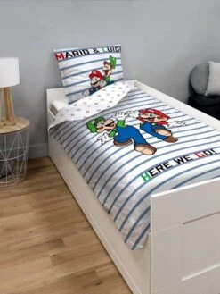 Parure Housse De Couette + Taie D'oreiller Enfant Mario® Blanc Animé - Super Mario -Magasin De Literie Pour Enfants parure housse de couette taie doreiller enfant mario 2